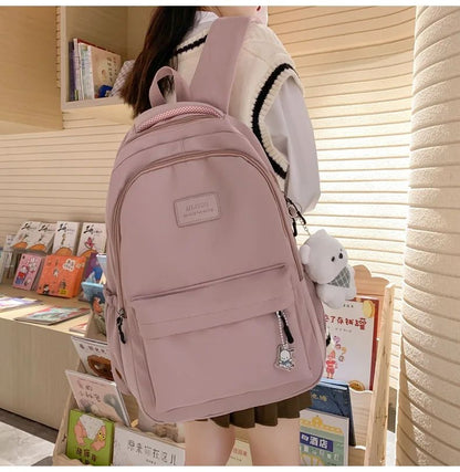 Schoolbags Student Japanese And Versatile Backpack Unisex Large-Capacity Backpack Girl Simple Polyester Material Doll Decoration