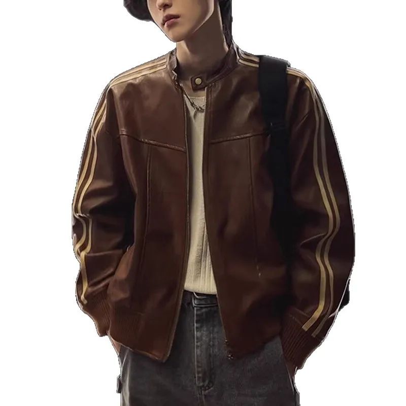 Loose Fit Men's Biker Leather Jacket Stripe Patchwork Stand Collar Casual Outerwear Façade Mixed Material Chinese Production
