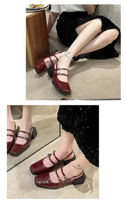 2024 Spring New Retro Small Leather Shoes Square Head Double Buckle Strap Mary Jane Thick Heels Sandals for Women