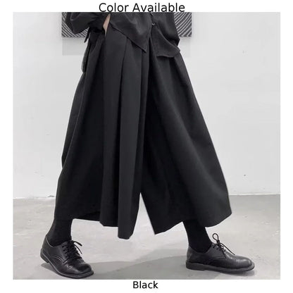 Mens Gothic Dark Style Loose Cropped Hakama Wide Leg Design Sense High Waist Samurai Pants Fashion Straight Male Skirt Pants