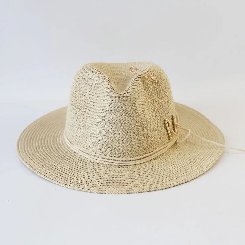 Chapéu de Sol de Verão Grande Proteção Solar Chapéus Femininos de Praia de Palha da Moda Chapéu Panamá de Grama de Luxo Feminino 60cm para Cabeça Grande