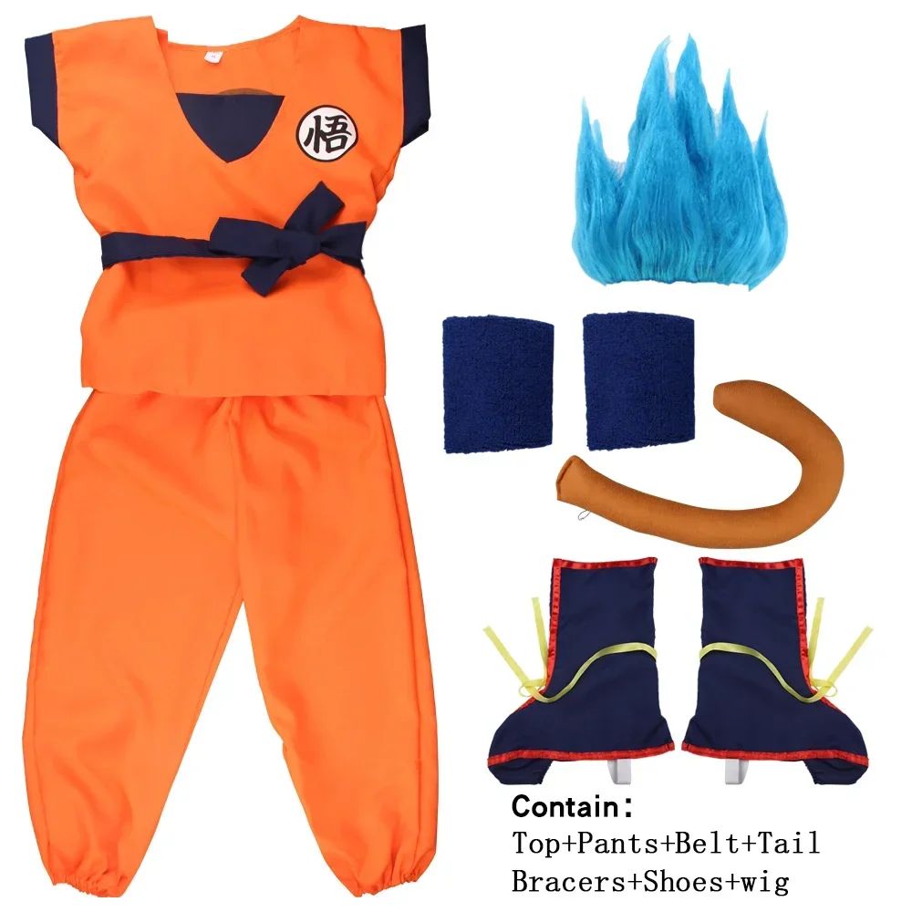 Adult Kids Son Goku Gui Carnival Cosplay Anime Costumes Halloween parties and Holiday Including Tail Wrist Wig Blue Gold Design