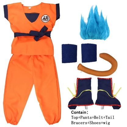 Adult Kids Son Goku Gui Carnival Cosplay Anime Costumes Halloween parties and Holiday Including Tail Wrist Wig Blue Gold Design