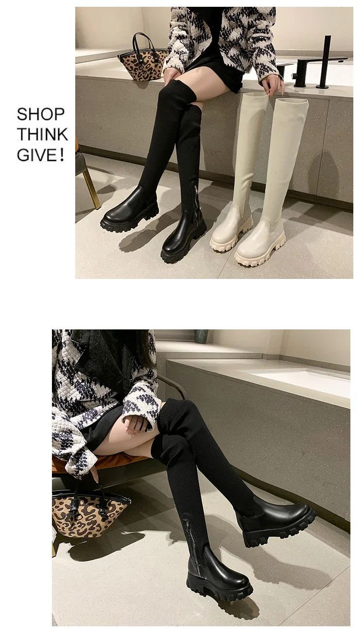 Women's Solid Color Chunky Heel Boots, Stylish Side Zipper Over The Knee Boots, Fashion Platform Long Boots