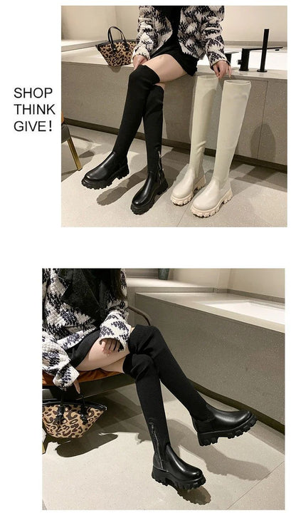 Women's Solid Color Chunky Heel Boots, Stylish Side Zipper Over The Knee Boots, Fashion Platform Long Boots