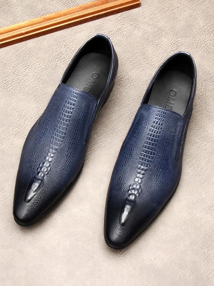 Handmade Mens Wedding Oxford Shoes Black Blue Genuine Leather Flat Dress Shoes Crocodile Pattern Summer Business Formal Loafers