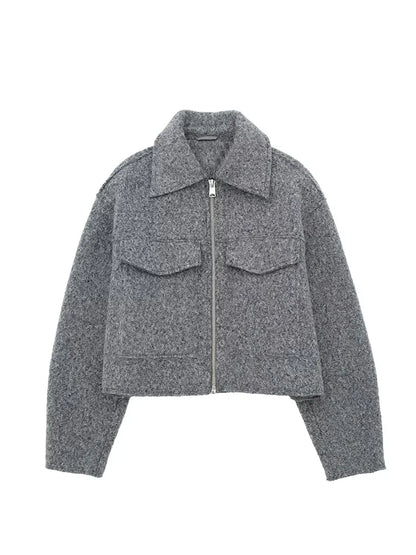 Willshela Women Fashion With Pockets Grey Front Zipper Jackets Vintage Lapel Neck Long Sleeves Female Chic Lady Outfits