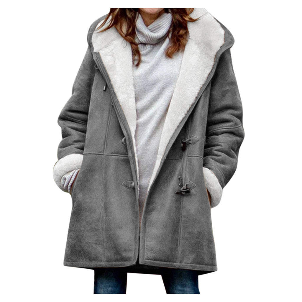 New Warm Outwear Women Winter Plus Size Solid Plus Velvet Coat Long Sleeve Pocket Overcoat Ladies Hooded Coat 2023