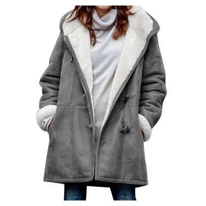New Warm Outwear Women Winter Plus Size Solid Plus Velvet Coat Long Sleeve Pocket Overcoat Ladies Hooded Coat 2023
