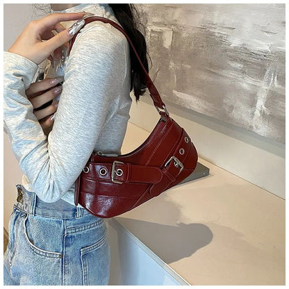 Red Vintage Shoulder Bag Y2K Belt Design PU Leather Underarm Bags for Women Trend Hot Cool Girl Crossbody Bag Punk Style Handbag