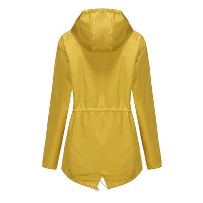 Blue Waterproof Hooded Jacket Women Fashion Casual Coat Waist Drawstring Tie Zipper Switch Red Green Yellow Black Windbreaker