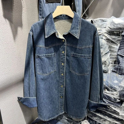 Women's Fleece Lined Thick Denim Shirt Long Sleeve Retro Outerwear Top Quality Material Fashionable Design Spring Autumn Essenti