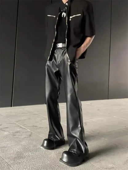 American Retro High-End PU Leather Casual Pants Men's Niche Design Loose Wide Leg Versatile Long Trousers