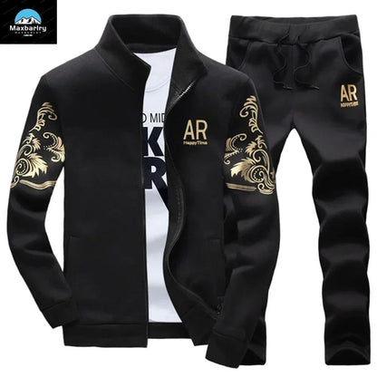 Winter Men's Sports Suit with Fleece and Warm Standing Collar Jacket+men's Drawstring Sports Pants Fashionable Printed Men's Set