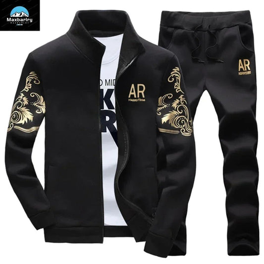 Winter Men's Sports Suit with Fleece and Warm Standing Collar Jacket+men's Drawstring Sports Pants Fashionable Printed Men's Set
