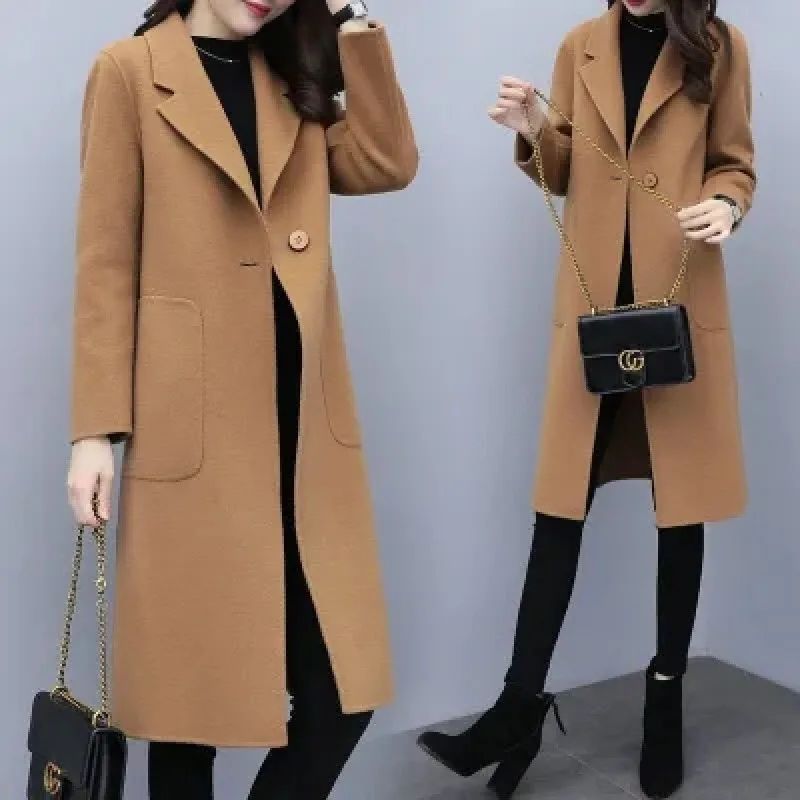 Plus Size Ladies Thickened Winter Coat Long Open-Front Woolen Jacket Loose Fit plus Size Fashionable Autumn Winter Korean Sty...