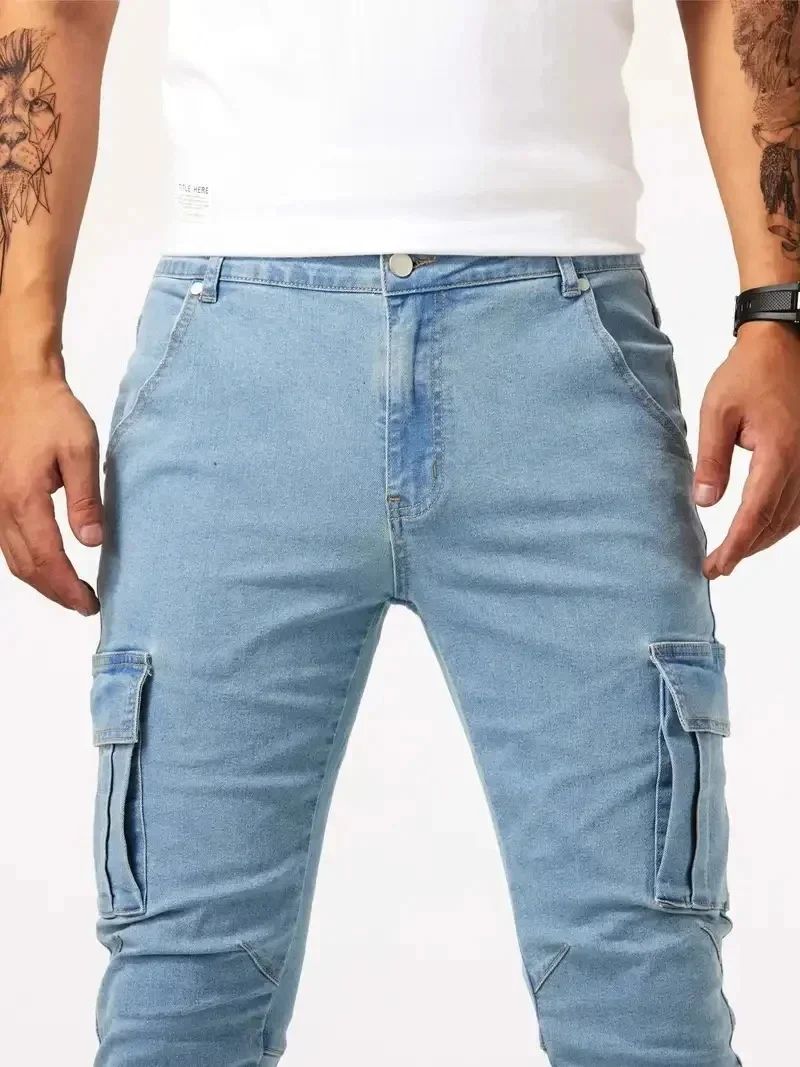 2025 Street Elastic Jeans Men Denim Cargo Pants Wash Solid Color Multi Pockets Casual Mid Waist Trousers Slim Daily Wear Joggers