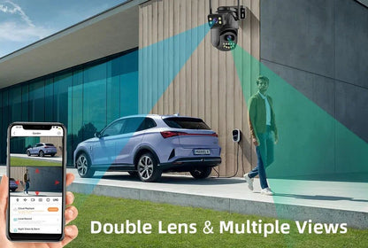 Câmera de vigilância WiFi 4K 8MP, detecção humana por IA, lente dupla, zoom digital 4X, câmeras IP PTZ de segurança externa