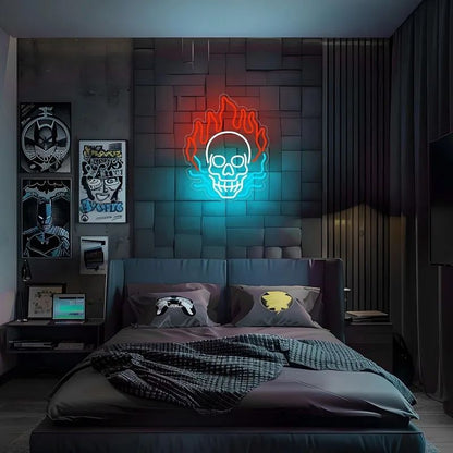 Paredes de Neon Chama de Crânio Decoradas com LEDs de Halloween Reguláveis, Alimentadas por USB, Decorações de Festa de Halloween para Caverna Masculina, Bar, Clube, Sala de Jogos