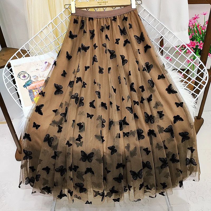 Butterfly Flocking Tulle Long Skirt Women Aesthetic Casual A Line Elastic High Waist Midi Mesh Skirt Female Black