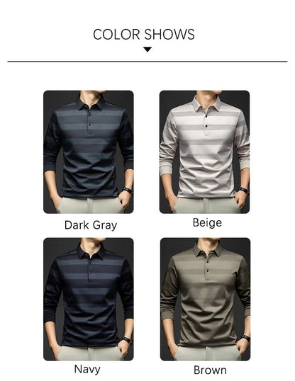 BROWON Elegant Mens Polo Shirts 2025 Spring Autumn Long Sleeve Lapel Collar Big Striped Pattern T-shirt Male New in Tops & Tees