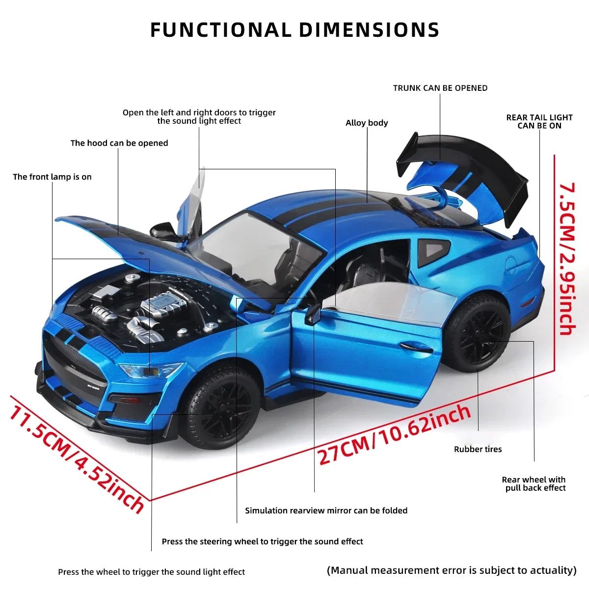 Miniaturas grandes de Ford Mustang GT500 1:18, veículo de liga fundido em metal, modelo colecionável, brinquedos com luz e som, carro de presente para crianças e meninos