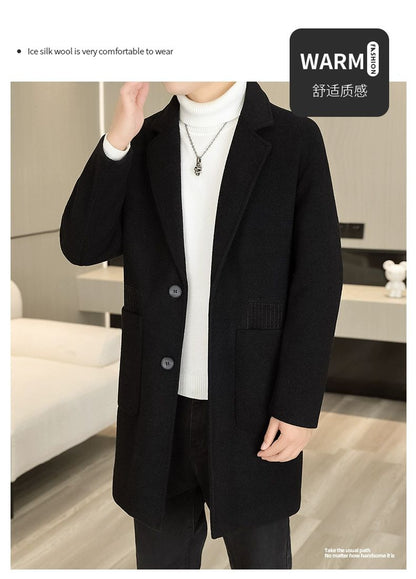 Men's Long Over-the-Knee Trench Coat Youth Black Business Casual Suit Collar Overcoat Mid-Length Trench Coat