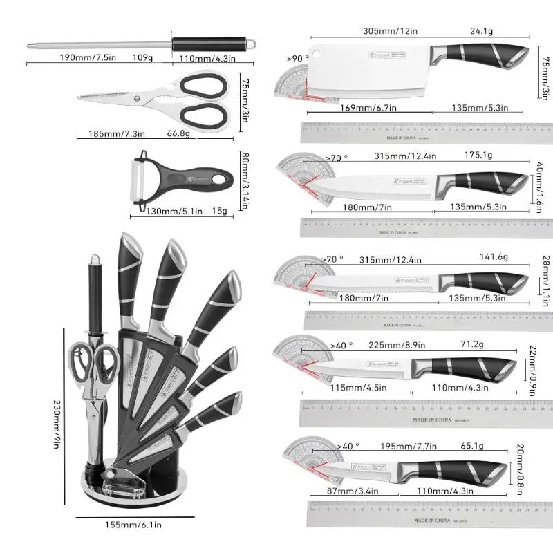 ZENG Conjunto de Facas de Cozinha 9 peças Aço Inoxidável Afiadas Facas de Chef Antiaderentes com Afiador para Cortar Fatiar Picar