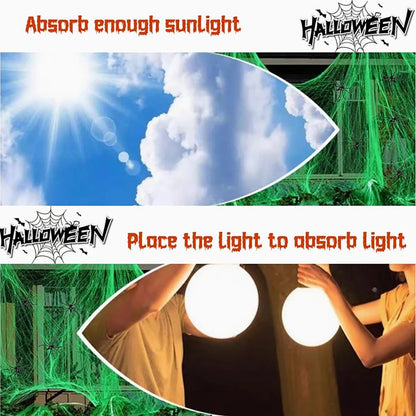 Runtow Luminous Spider Web & 50pcs Black Spider , Halloween Party Decorations,Outdoor Horror Haunted House Decoration Props