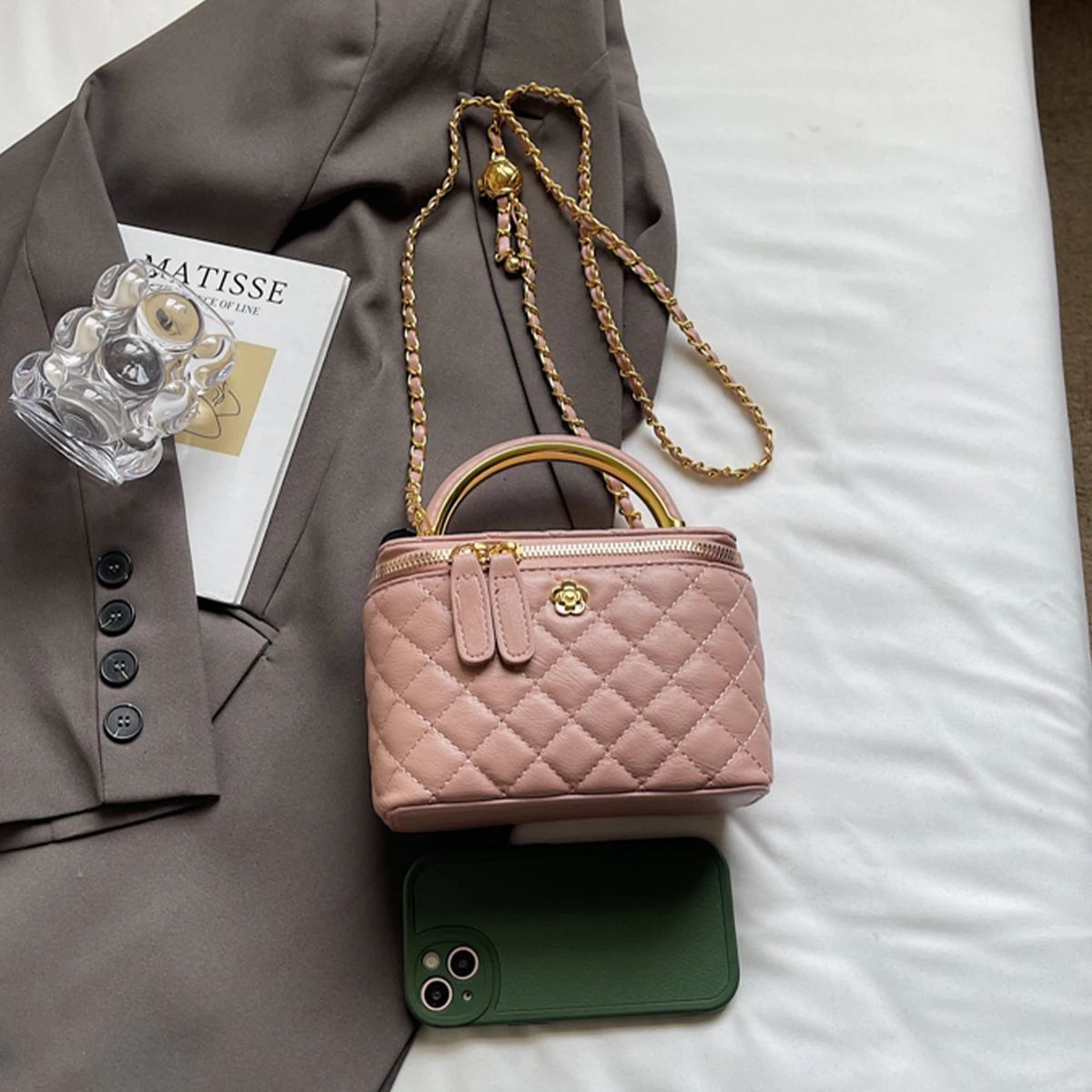 Women Luxury Shoulder Bag Diamond Quilted Metal Flower Accent Large Capacity Zipper Adjustable Strap for Daily Travel Business