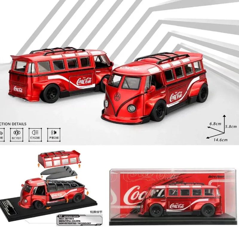 1:32 T1 Ônibus Modelo Som Luz Crianças Menino Brinquedo Veículo Colecionável Decoração de Casa Metal Miniatura Voiture