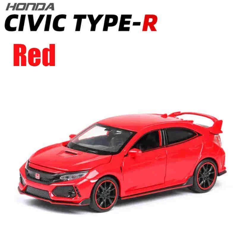 Carrinhos de brinquedo Honda Civic Type-R em liga metálica, escala 1:32, modelos fundidos com som e luz, veículos em miniatura, presentes de aniversário para crianças e adultos
