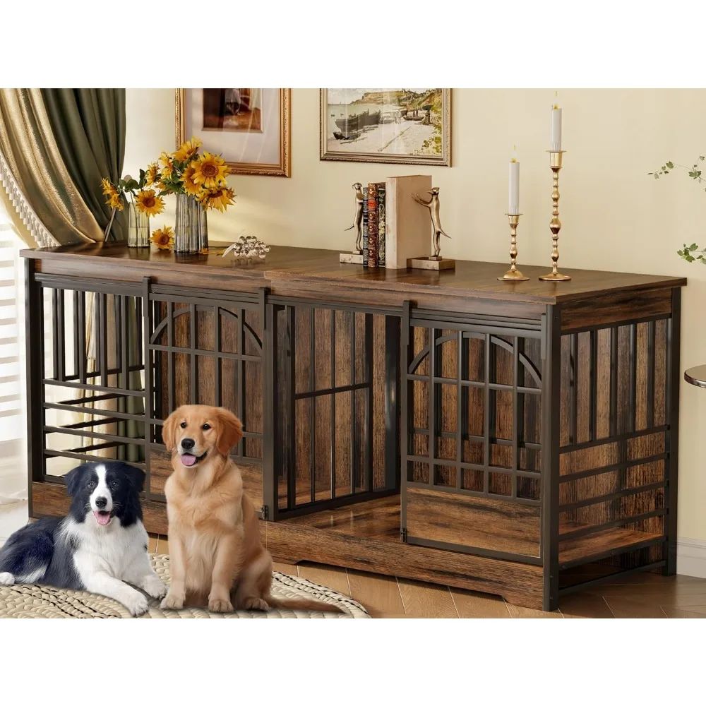 Móvel de Caixa de Cachorro Dupla, Canil Interno Extra Grande com Divisória, Gaiola Resistente para 2 Cães, Decorativa