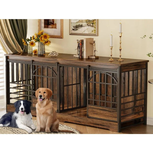 Móvel de Caixa de Cachorro Dupla, Canil Interno Extra Grande com Divisória, Gaiola Resistente para 2 Cães, Decorativa