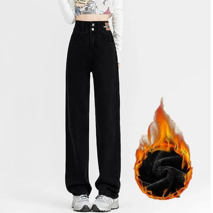 New Woman Korean Double Buckle Design Jeans Female Winter Snow Warm Thermal Plush Pants Girls Popular High Waist Denim Trousers