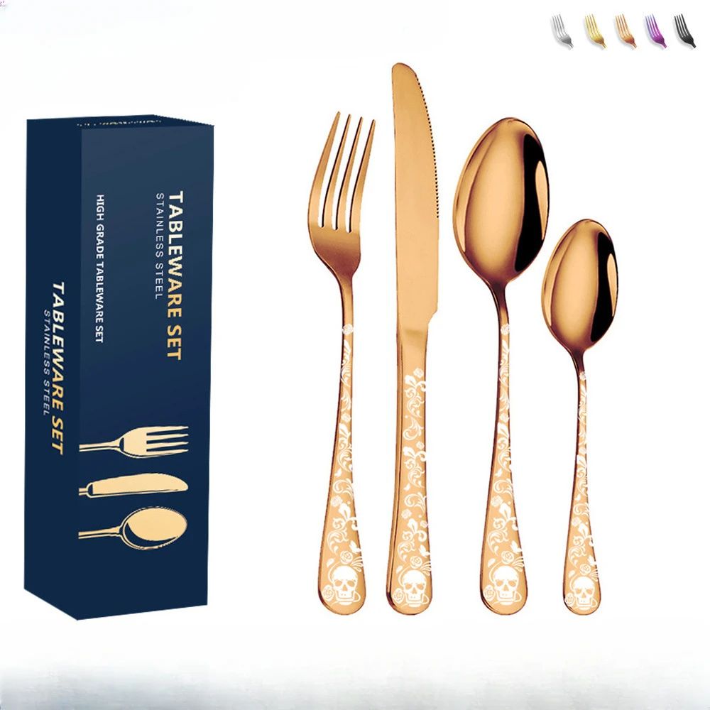 Presentes de Halloween Conjunto de talheres de aço inoxidável com caveira moderno Garfo e colher Conjunto de 4 peças Garfos de cozinha portáteis e