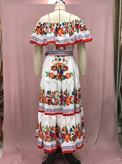 2024 Spring Summer New Independent Stand Amazon Off-shoulder Red Flower Printing Long Dress Oversized Wide Hemline Sleeveless