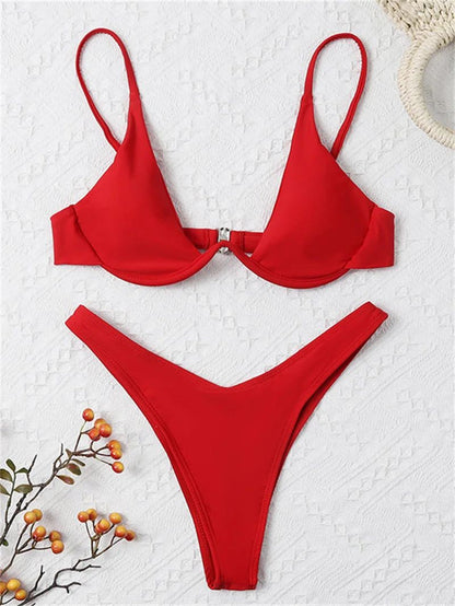 Sexy Underwire Bikini 2025 Mujer Women Solid Red Push Up Bra Thong Swimsuit Haler V Neck Bathing Suit Mini Micro Thong Swimwear