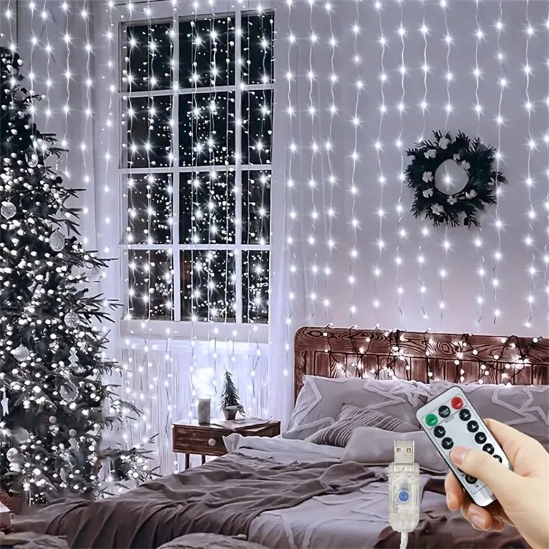 USB Curtain Lights - 8 Lighting Modes LED Fairy String Light for Christmas Halloween New Year Wedding Party Home Garden Decor