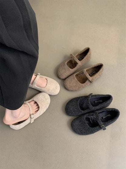 Fashion Square Toe Fleece Flet Ballet Flats Woman Winter Warm Wool Mary Jane Shoes Ladies Brand Design Elegant Plush Loafers