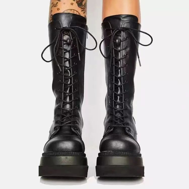 Winter Boots Women Platform Shoes Booties Rain Combat Military Short Leather Black New Rock Punk Goth Lolita Clearance Offers