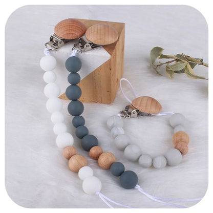 2023 New Baby Wood Beaded Pacifier Clip Silicone Chain Nipple Holder Infant Soother Teether