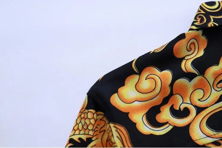 Thin Black Men's Long-sleeved Printed Shirt, Chinese Dragon Print Decoration, Blue Single-breasted Lapel Shirts,Asian Size M-7XL