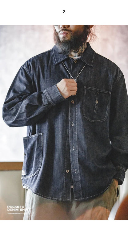 Maden Vintage Washed Pockets Denim Shirt for Men Casual Button Down Long Sleeve Shirt Male Loose Workwear Tops Large Pocket