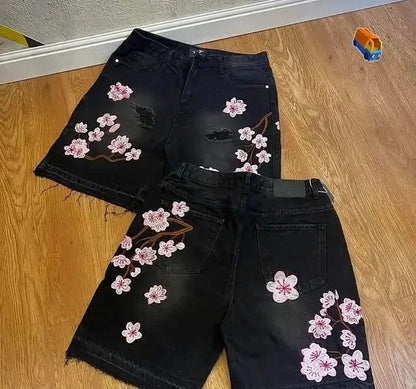 Y2K Willow Nail Denim Shorts Men Women Gothic Punk Style Embroidered Applique Design Loose Casual Jeans Fashion Retro Streetwear