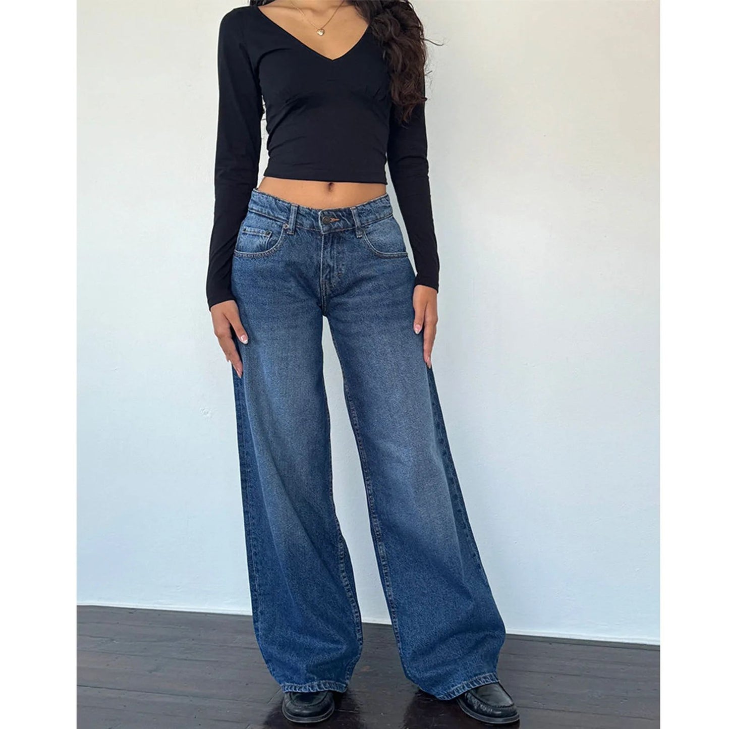 High Waist Straight Leg Women's Jeans Retro American Washed Denim Pants Autumn Street Style Wide Leg Trousers for Women