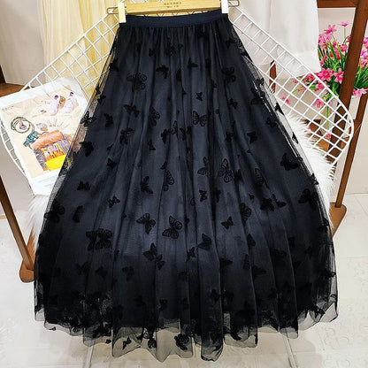 Butterfly Flocking Tulle Long Skirt Women Aesthetic Casual A Line Elastic High Waist Midi Mesh Skirt Female Black