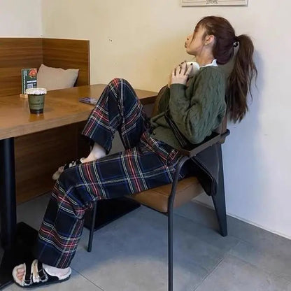 Lamb Velvet Fleece Lined Plaid Wide Leg Pants High Waist Straight Cut Winter New Casual Trousers for Women Korean Style