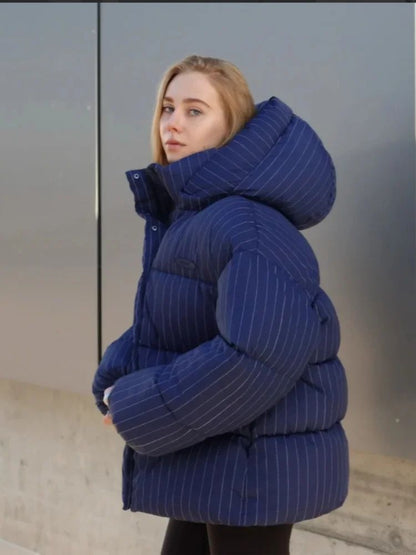 Women's Pinstripe Oversized Puffer Jacket Full Sleeve Detachable Hood Zipper Warm Coat 2025 Autumn Winter Female Casual Wear