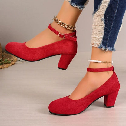 Outono Novo Salto Grosso Feminino Preto Fivela de Uma Linha Boca Raso Sapato Único Feminino Camurça Tamanho Grande Sapatos de Trabalho
